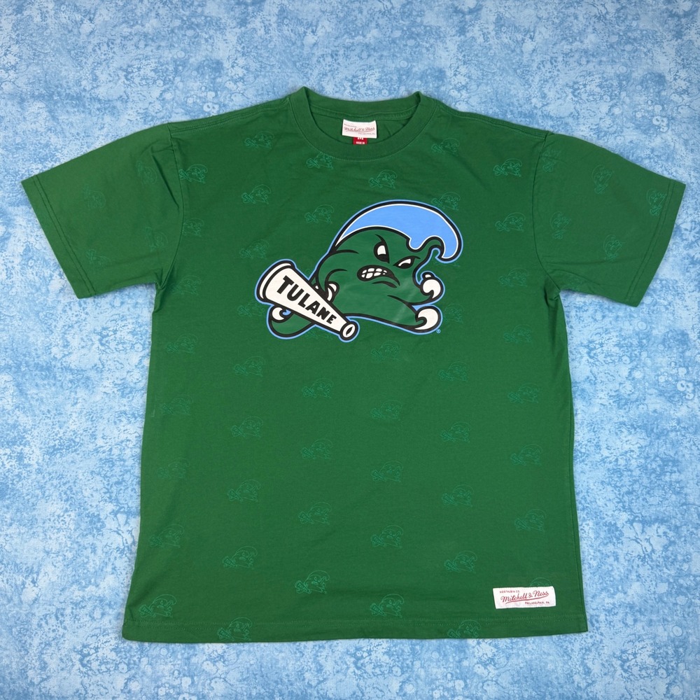 Mitchell & Ness Tulane Green Wave Repeating Logo T-Shirt Mens Medium Green